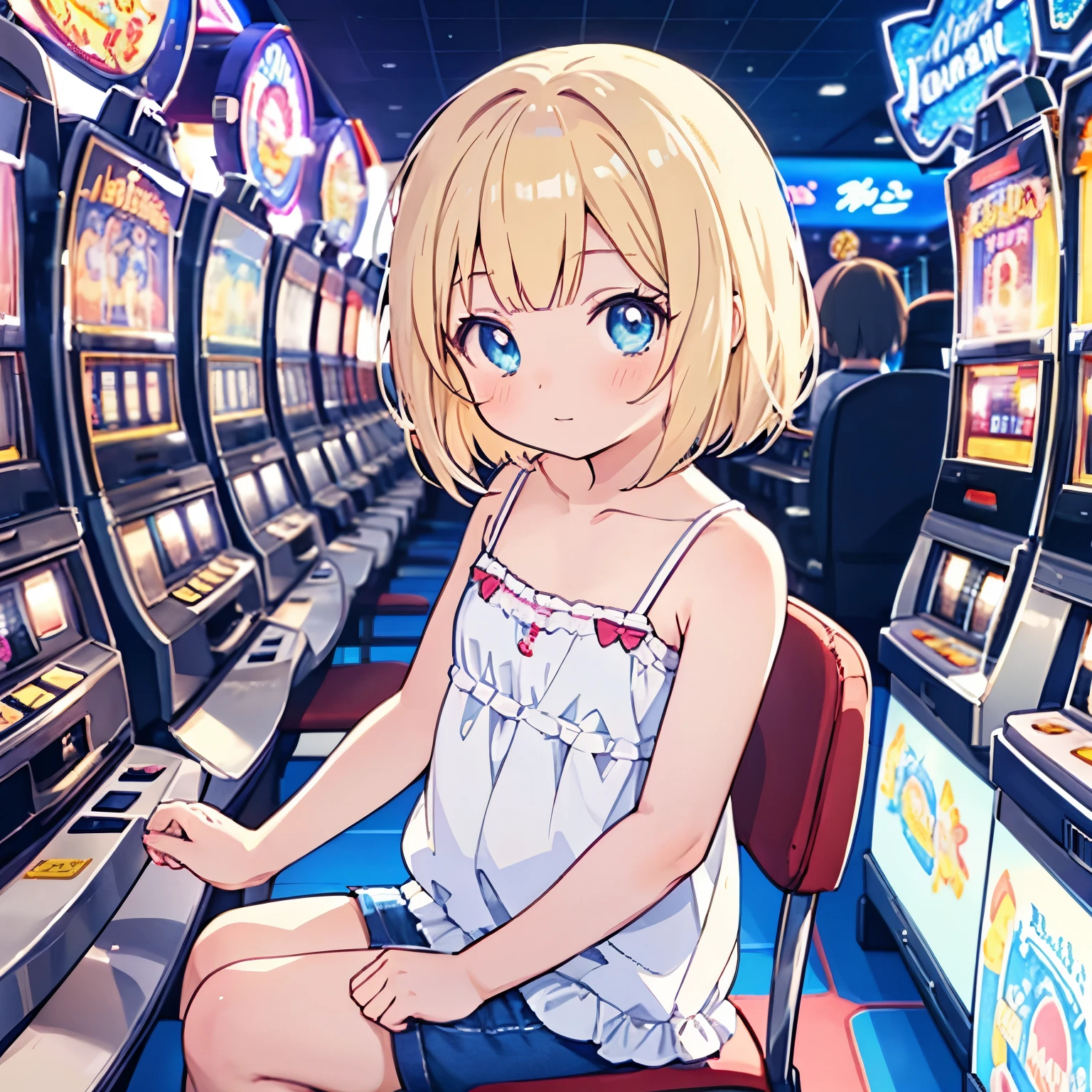 Beige hair color, is wearing a white camisole, wearing a white camisole , anime girl playing a slot machine in a casino, cute girl with flowers in her hair, seductive anime girl , ( anime girl ), digital animation illustration , Lofi Girl , On pixiv, attractive anime girl , an anime girl , cute anime girl , Hanayamata , anime girl , anime best girl , young woman anime visual, pretty anime girl , bob cut, wearing a white camisole ,Facing the slot machine,Sitting on a chair playing a game on a slot machine,Blue Eyed Woman, don't hold anything in her hands , I'm sitting on a chair , Facing the slot machine