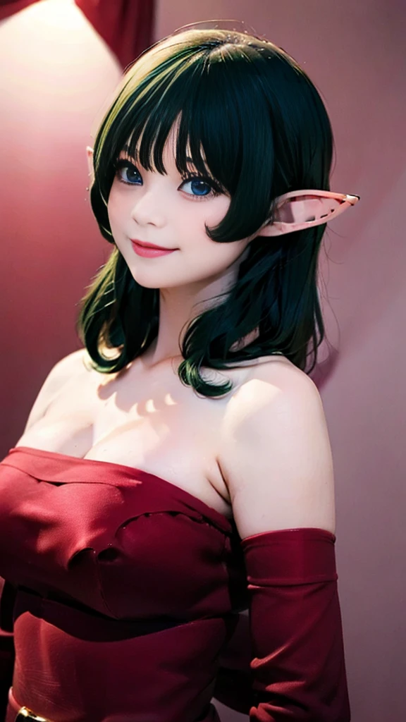  ((masterpiece, top quality,Ultra delicate,perfect face,16k, very detailed eyes , high resolution, VERY BEAUTIFUL GIRL ,sharpness, RAW photos ,18 years old)),Bright green hair:2.0, red strapless bodycon tube dress with big red bow on back:2.0,Red long sleeve , elf girl ,huge breasts:2.0, blue eyes,  Very Happy Smile :2.0, upper body shot ,indoor,