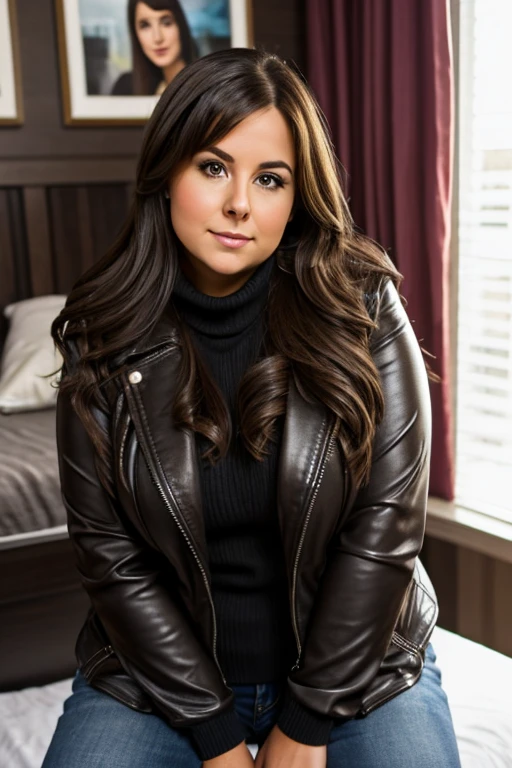 Best Quality, 8k, 32k, Masterpiece ,by bob , wavy coat , 27 years , black leather jacket,long black leather dress with slit ,smiling,Hair color is blonde,Expressing the whole body.,interior,sitting on the couch, turning around and looking at my back, gorda, big girl, chuby, big tits, overweight girl