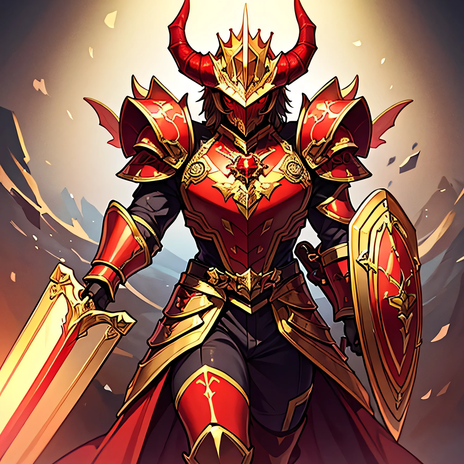 (( best quality)), (( masterpiece)), ( Details), red and gold Bug armor, five crown-like horns, a large shield and sword, Devil