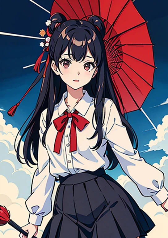 Wearing a white shirt and a black skirt、Alafi woman holding a red umbrella, Chiho, Ulzzang, Bae Suzy,  motto hole ,  Nara Yoshitomo , sakimichan, shinsui ito,  NAM JAE YEON , shikamimi,  Enoshima Junko, 8k))