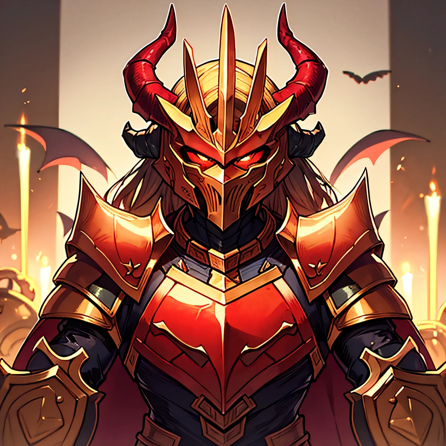 (( best quality)), (( masterpiece)), ( Details), red and gold Bug armor, five crown-like horns, a large shield and sword, Devil