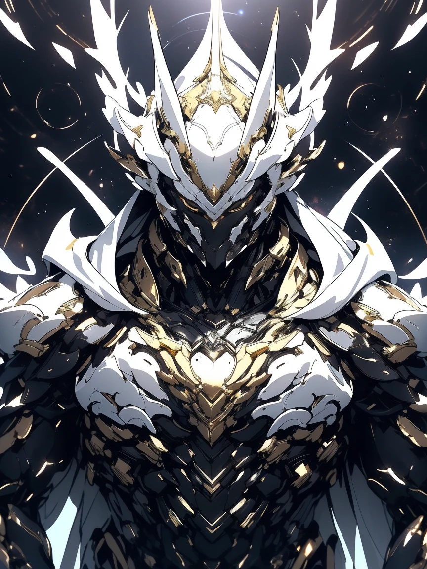 a close up of a deity with a white and black biomechanical body, black and white void space, exquisite mix of magic and science, white biomechanical details, gold tracing around some armor pieces, great character design, white biomechanical details, white mecha, highly detailed exquisite art, intricate white armor, no face, halo of energy over his head,