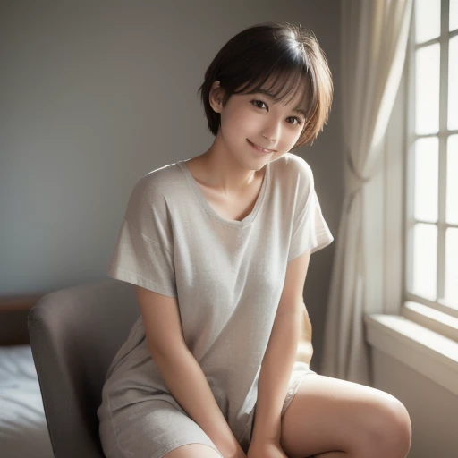 best quality, face focus, soft light, (depth of field) ,ultra high res, (photorealistic:1.4), RAW photo, (moody lighting, night:1.2), bedroom,
(upper thigh:1.4)
1japanese girl, solo, cute, kawaii, (shy, smile:1.1), (brown eyes), natural face, (short hair),
(sit on gray linen chair)
BREAK
(white naked oversize t-shirt:1.2)
<lora:japaneseDollLikeness_v10:0.3>