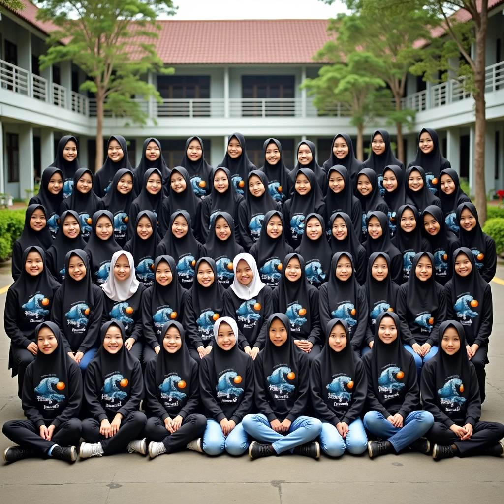 A total of 8 people consisting of 6 men wearing blue shirts with the words "Informa" written on their chests with the name "Best" Ricky Doro Dika Jaya Iqbal, 1 woman wearing a gray headscarf who is a little fat wearing a blue shirt with the words "Informa" written on her chest with the name "Novi" in the middle, 1 man who is a little fat wearing a gray shirt with the words "Informa" written on his chest with the name "Salman" in the middle.
