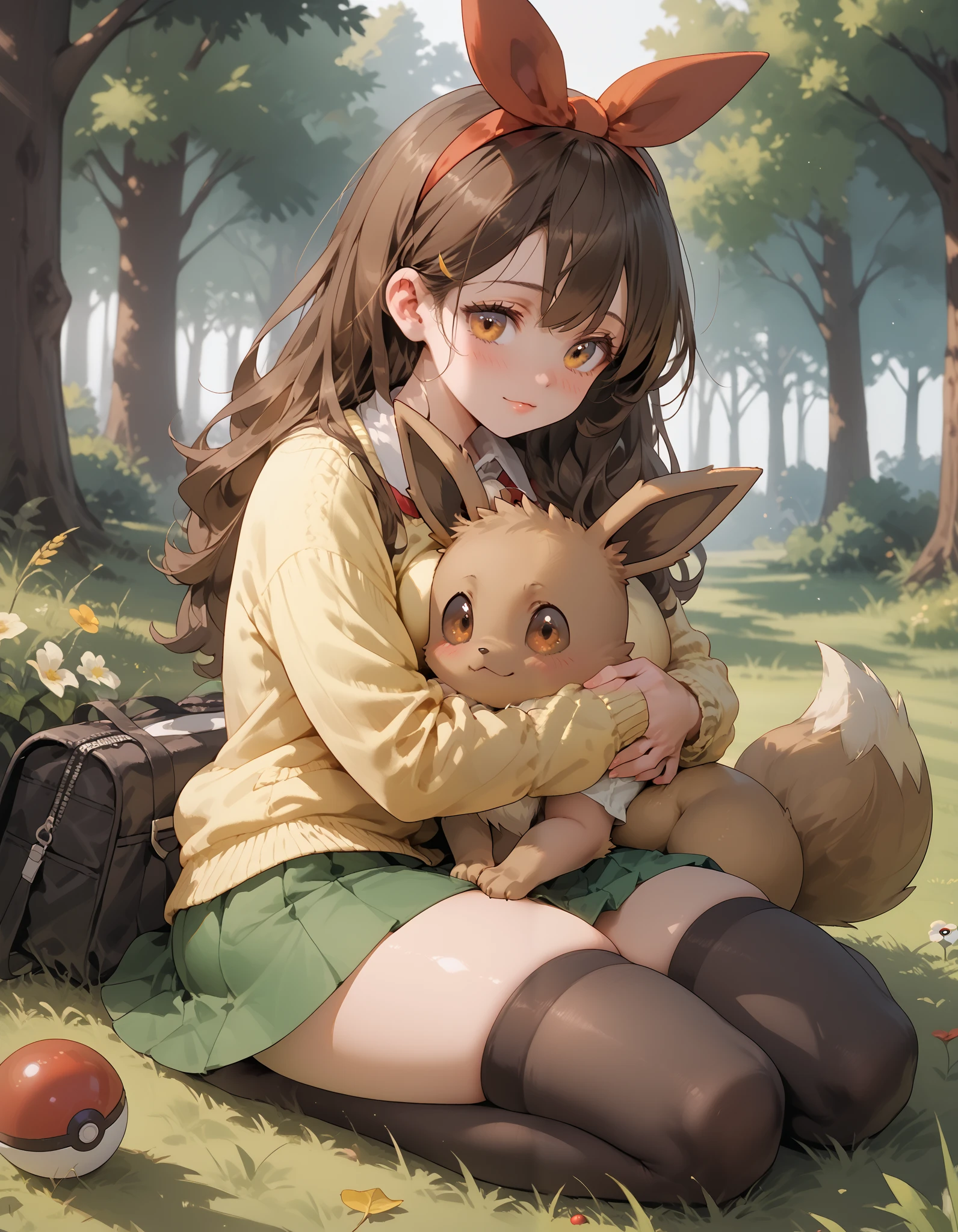 A teen girl with long brown hair, amber eyes, huge breasts, thick thighs, white blouse, yellow cardigan, black stockings, green skirt, red ribbon, high school girl, grass, warm light, afternoon, shy gaze, adorable, pokemon trainer, pokeball, forest, pokemon, hugging, hugging a eevee, eevee, filtering lighting, light filtering through leaves, raytracing, chiaroscuro lighting