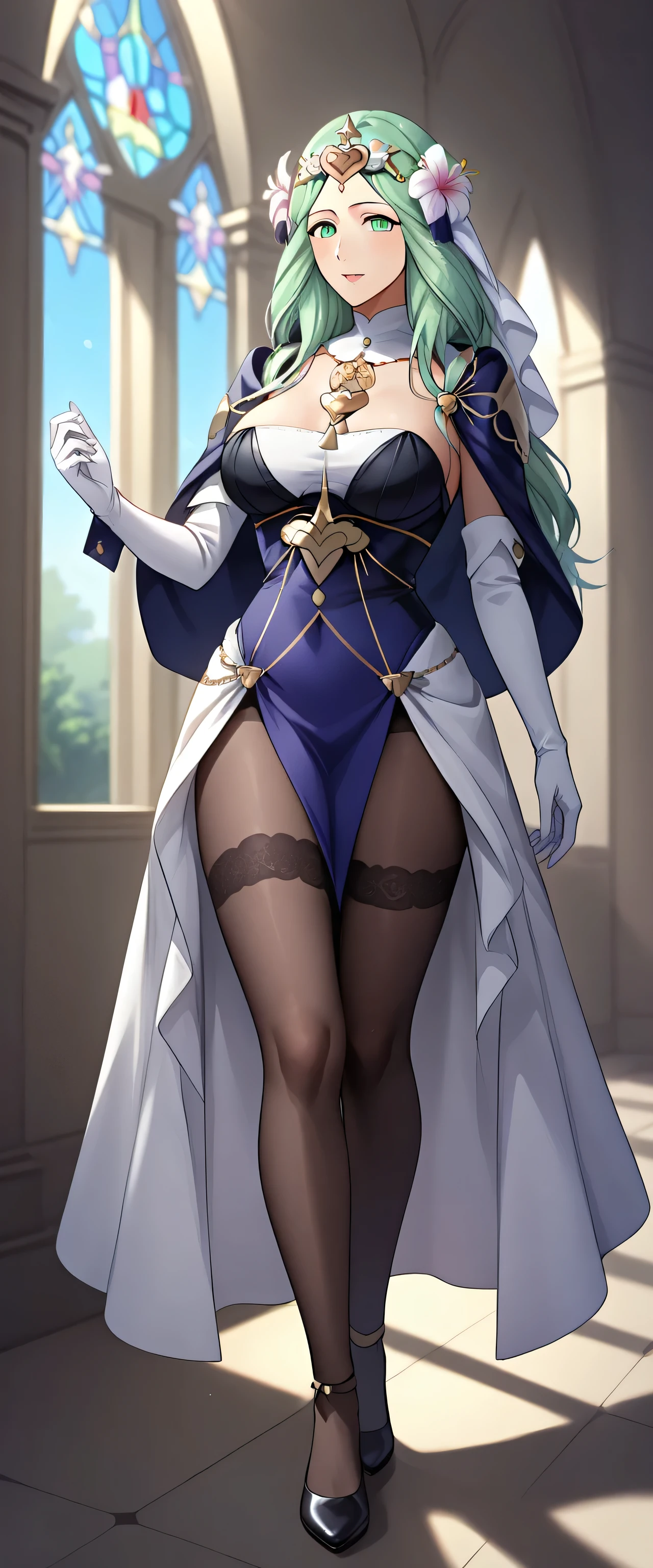 esdeath, blue eyes, blue hair, long hair,large breast, eyelashes,black bunny suit,black bunny ears,clavage,chocker,tatto,from bellov,full body,head straight,eyes down,looking down on viewer,looking at viewer from bellow
