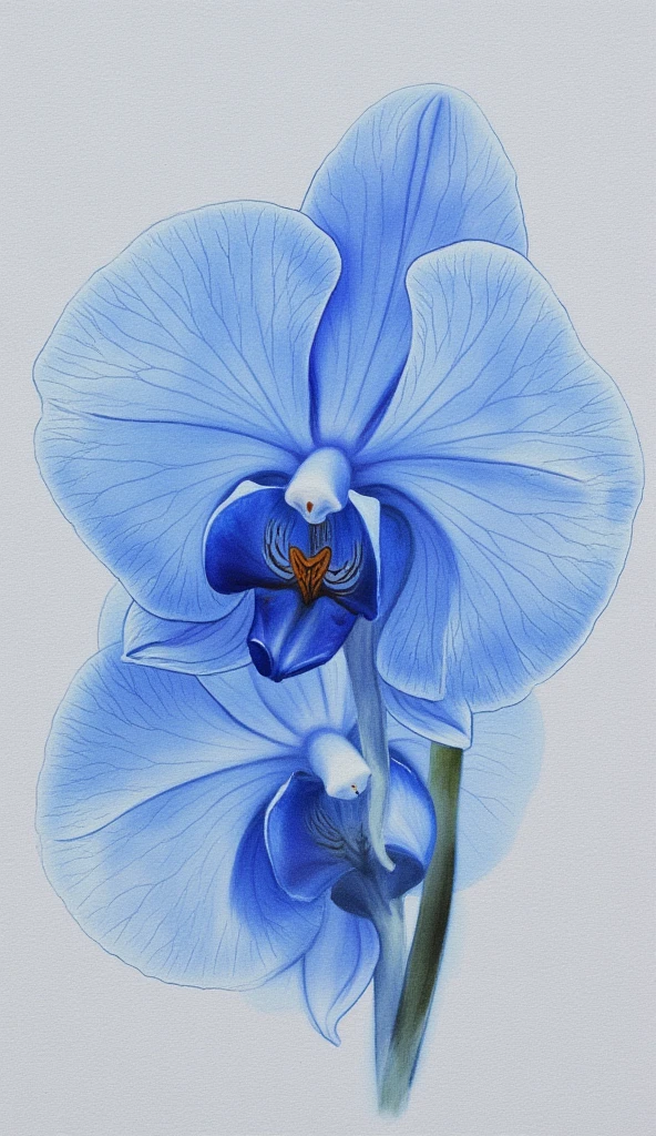 A painting of a blue orchid flower, drawn in pastel watercolor.