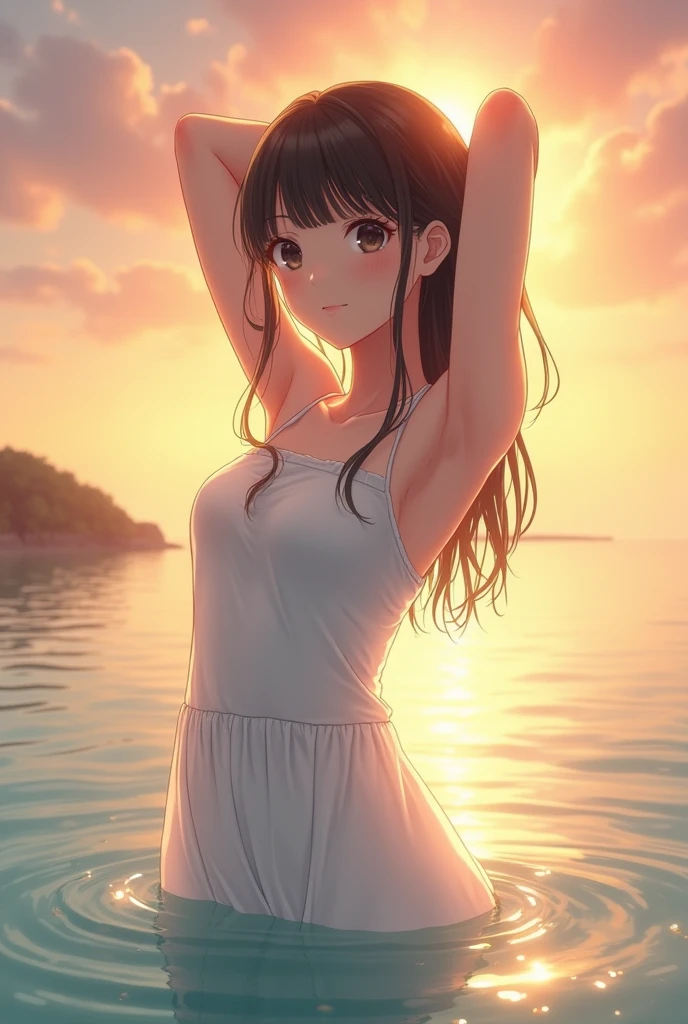 (new year poster:1.3), (1 girl who is at ease:1.3), 18 yo, (beautiful girl, Delicate Girl:1.3), (Japanese cute girl:1.3), (flat chest:1.4), slim body, very beautiful eyes, (symmetrical eyes next to woman:1.3), Perfectly shaped anthropomorphic finger, split bangs, (eye and face details :1.0), (masterpiece, best quality, Very detailed), detailed face, 8k, (white casual dress:1.3), (translucent:1.3), (wet all body:1.2), (standing in the water:1.3), (from below:1.2), BREAK back lighting, sunset, arms behind head