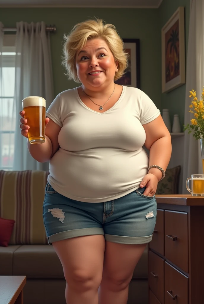 A happy photo of a young beautiful redhead bbw wife with short ginger hair soft fat belly, very wide fat obese hips, thick fat wide legs and fat arms, cute pretty face, small breasts, blue eyes, freckles, holding up a beer in a white bikini, in a beer cellar, with lot of beers 
