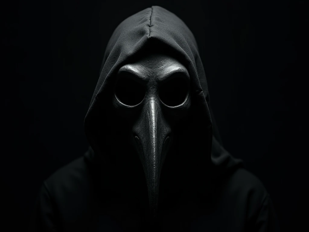 [Core Concept] A haunting and realistic depiction of a person wearing a bird skull headdress, presented in a striking side view.

[Character Description] The figure is shrouded in a hooded cloak, concealing their identity, with a chilling bird skull perched atop their head, its empty eye sockets and sharp beak creating an unsettling, otherworldly presence.

[Environment/Background] The scene is set against a stark, ominous background, devoid of distractions, allowing the haunting figure to take center stage.

[Style and Atmosphere] The artwork is rendered in a high-contrast black and white palette, lending a moody, eerie atmosphere and a sense of foreboding.

[Composition] The side profile view emphasizes the angular, skeletal features of the headdress, creating a powerful, dramatic composition.

[Details and Embellishments] The intricate textures and shadows of the bird skull, the folds of the hooded cloak, and the chiaroscuro lighting all contribute to the overall sense of realism and haunting beauty.

[Technical Specifications] This is a detailed, black and white drawing or digital illustration, capturing the enigmatic and unsettling essence of the subject matter.