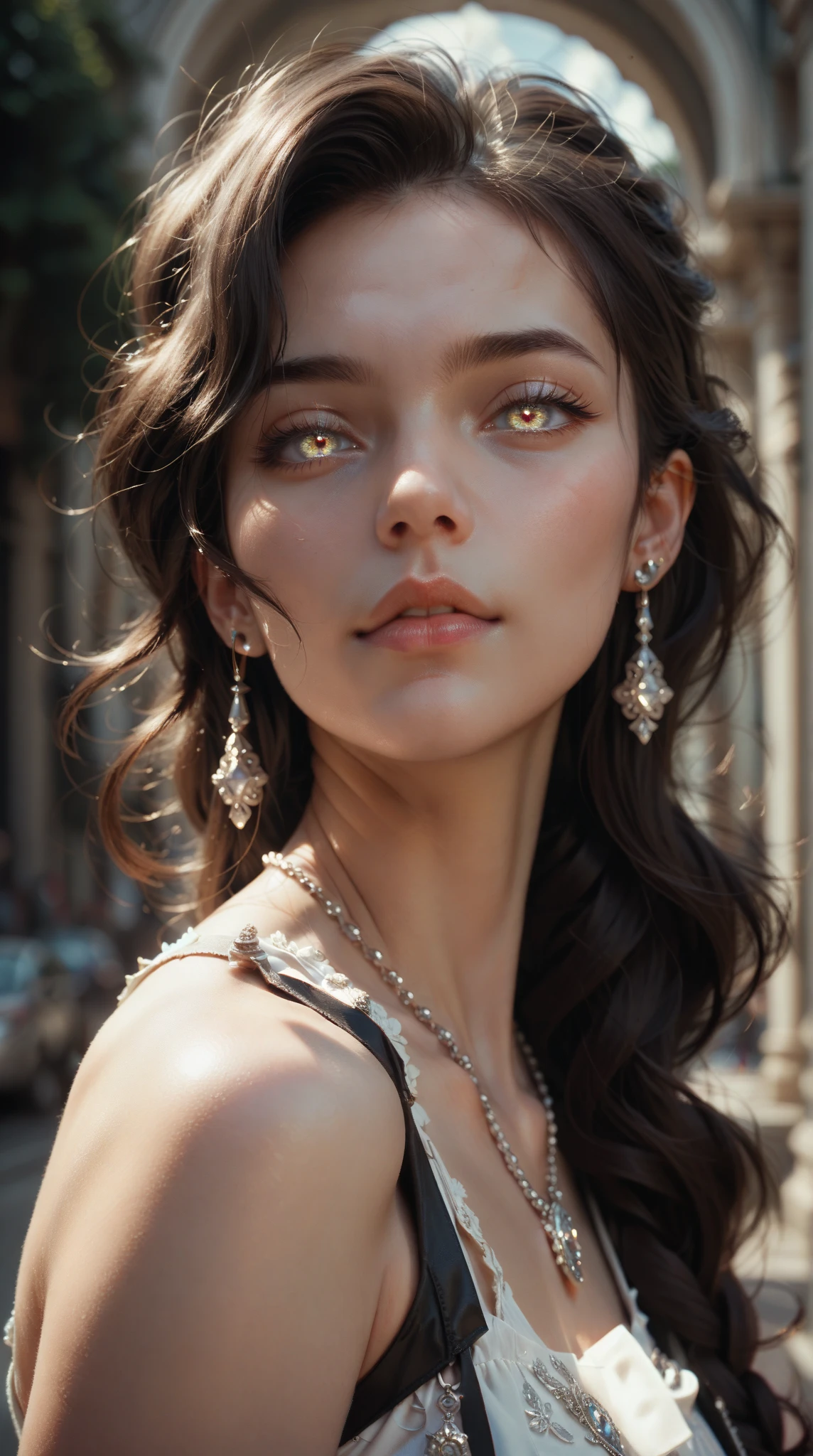  with sharp pupils ， depicts a woman wearing a white dress ， A girl wearing platinum earrings and a necklace ， Characterized by delicate facial features and delicate eyes，A stunning illustration ， with dynamic and cinematic lighting 。