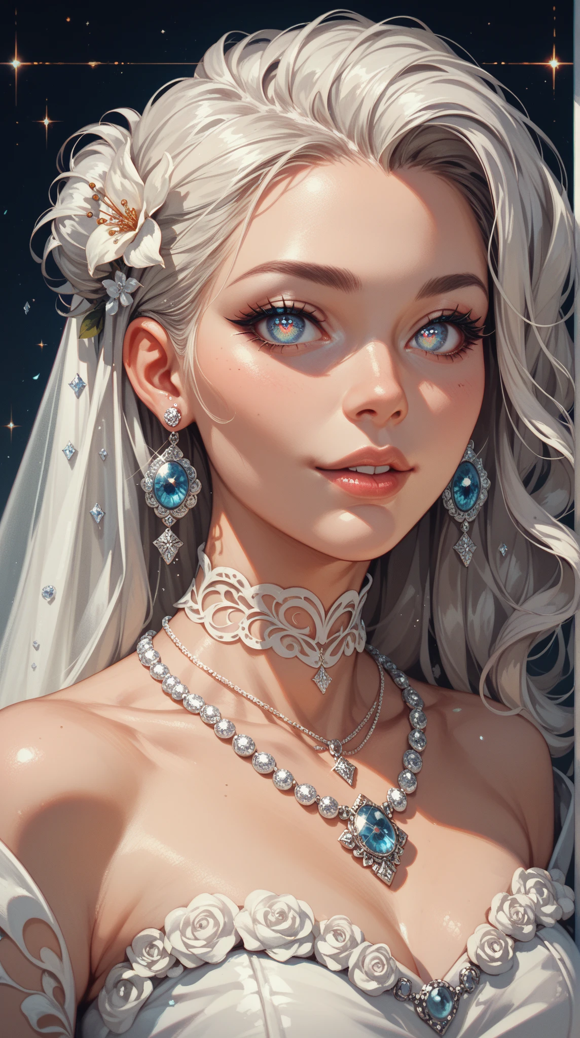  with sharp pupils ， depicts a woman wearing a white dress ， A girl wearing platinum earrings and a necklace ， Characterized by delicate facial features and delicate eyes，A stunning illustration ， with dynamic and cinematic lighting 。