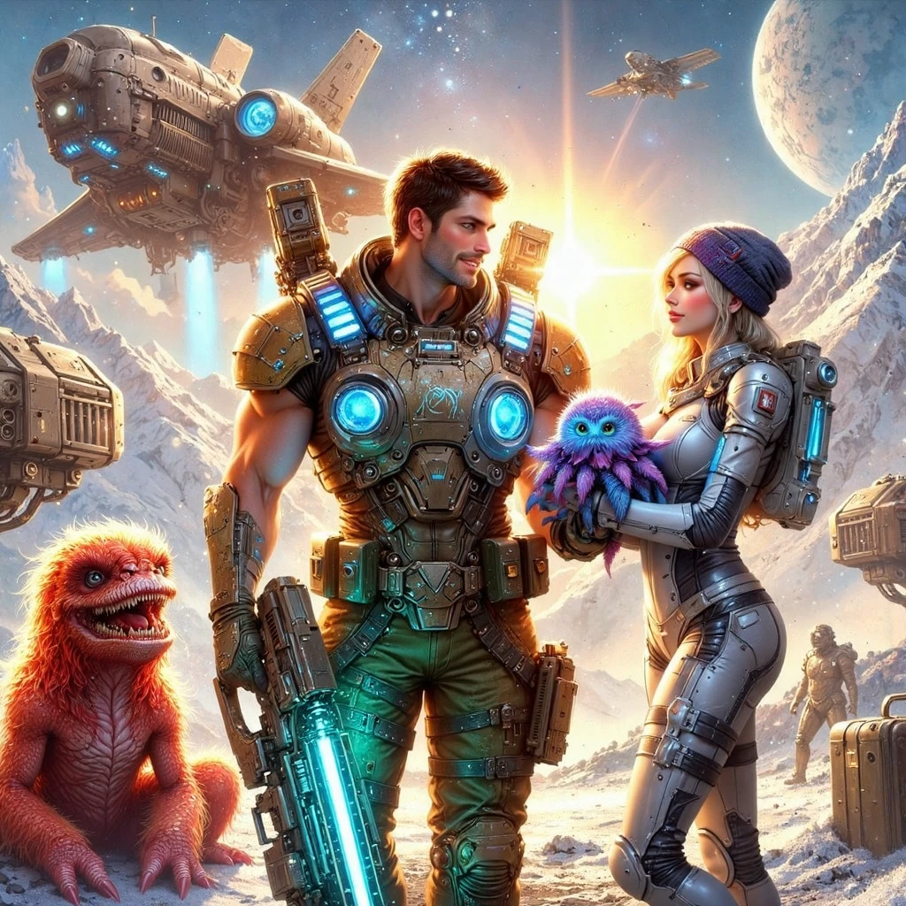 extremely detailed hi-rez full-waist Digital photorealistic realistic full-length illustration. Scene., a handsome muscular sexy male commander of a futuristic spaceship with a military space uniform with a blaster..  An 18-year-old flirting woman in space uniform , who is holding a strange cute monster in her hands . amazing landscape .  Sunlight illuminates every snowflake . dynamically.  dynamic pose. BRIGHT,textural, three-dimensional , bright rich complementary colors .  flowing hair .textural.  correct anatomy proportions .right hands . Beautiful realistic model faces . Perfect for a book cover . Vibrant Hue saturation.The overall color palette is creating a vivid and haunting visual experience. The illustration is rich in detail, with textures, enhancing the realism of the scene.