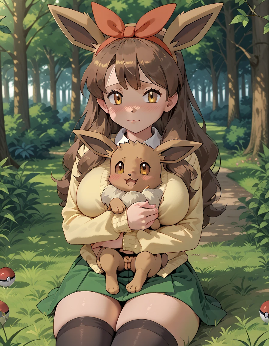 A teen girl with long brown hair, amber eyes, huge breasts, thick thighs, white blouse, yellow cardigan, black stockings, green skirt, red ribbon, high school girl, grass, warm light, afternoon, shy gaze, adorable, pokemon trainer, pokeball, forest, pokemon, hugging, hugging a eevee, eevee, filtering lighting, light filtering through leaves, raytracing, chiaroscuro lighting, pokemon anime style