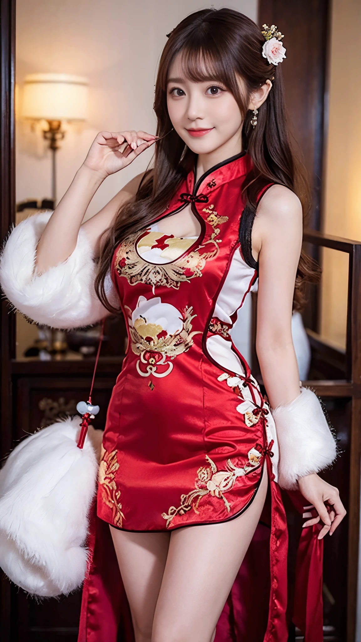   beautiful woman,     Chestnut hair    ,     Beautiful Eyes ,   Smile,  Actual , Full HD,   very beautiful dress  ，Fluffy dress ， curved body，Magnificent view ，Gorgeous decoration，cheongsam，中国发髻