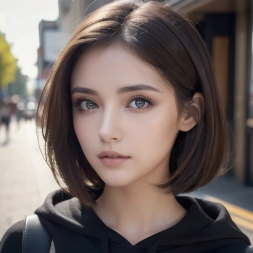 (Best quality, high resolution, masterpiece: 1.3), a beautiful woman, big breasts, slim figure, (short dark brown hair), sweatshirt, beautifully presented details in the street and facial and skin texture, detailed eyes, double eyelids, big eyes