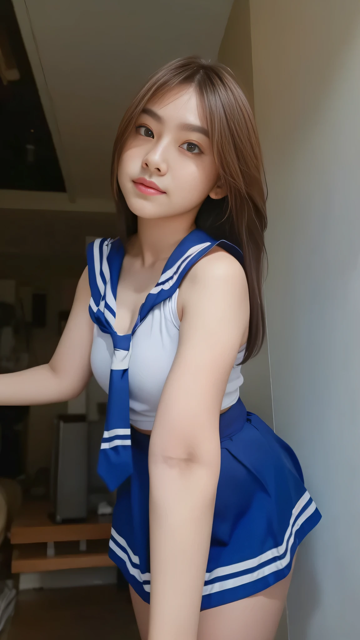 1girl, (Indonesian_high_school), detailed face, detailed eyes, thick breasts, detailed skin, looking at the camera, clear light, (8k, RAW photo, best quality, masterpiece: 1.4), (realistic, realistic: 1.37), ultra-high resolution, photorealistic, high resolution, solo, wide muscular hips, realistic face, (detailed face), black hair Color, camera shot from under, clean armpit, six pack belly, full body angle, s young woman, perfect thighs, muscular thighs, muscular arms, standing, white shirt, grey blue short skirt, asian goddess, long hair, straight hairstyle, muscular abs, thick wide muscular hips, muscular arm, tall body