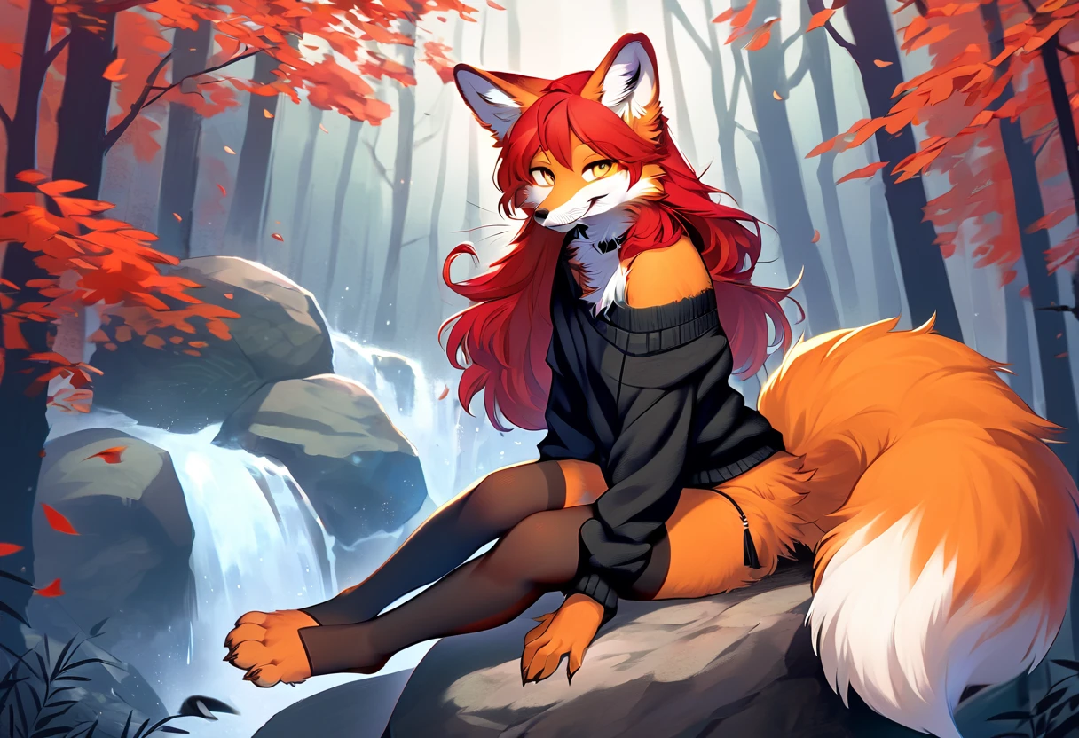 full body、Solo、score_9、 score_8_up、 score_7_up、unpralleled masterpiece、perfect artwork、highres、Elegant、Mysterious、Detailed、 Beautiful、Voluptuous、moody atmosphere、fox、kitsune、cute vixen、anthro、orange fur、(kemono、furry anthro)、(long hair、beautiful hair、dark scarlet red hair)、yellow eyes、(tuft of fur)、(digitigrade、claws、fox paws、exposed feet)、(foxy whiskers)、fluffy tail、(heavily shaded orange body、dark black shading on body)、(light smile、soft smile、smiling cutely)、wearing (Black simple stylish thigh highs、Black crop off shoulder sweater)、(in a forest、boulder)、looking at viewer with adoration、sitting on a boulder