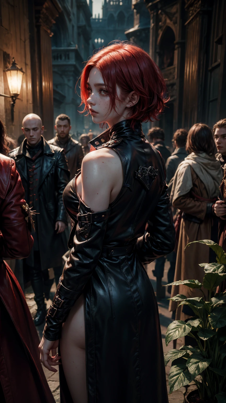 (masterpiece:1.2), (best quality:1.2), 2solofocus, a muscular red haired slave girl with green eyes and freckles is shown to her former allies, dark eyeliner, dark mascara, red lipstick, roughly cut hair, messy hair, branded, unwashed, barely clothed, exposed belly, wrists chained behind back, iron collar, chain leash, walking, cheap prostitute, humiliated aroused, sexual expression, shocked onlookers, medieval, fantasy, noon