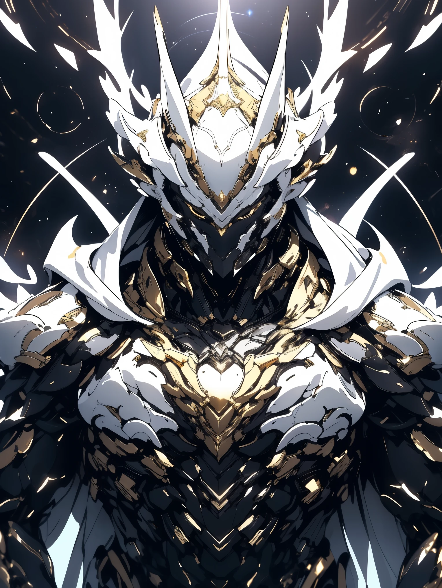 a close up of a deity with a white and black biomechanical body, black and white void space, exquisite mix of magic and science, white biomechanical details, gold tracing around some armor pieces, great character design, white biomechanical details, white mecha, highly detailed exquisite art, intricate white armor, no face, halo of energy over his head,