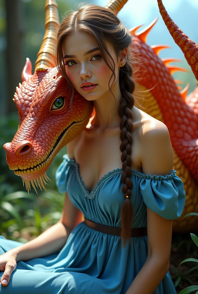 Dragon orange en flamme avec jeune fille aux cheveux bruns et aux yeux violets