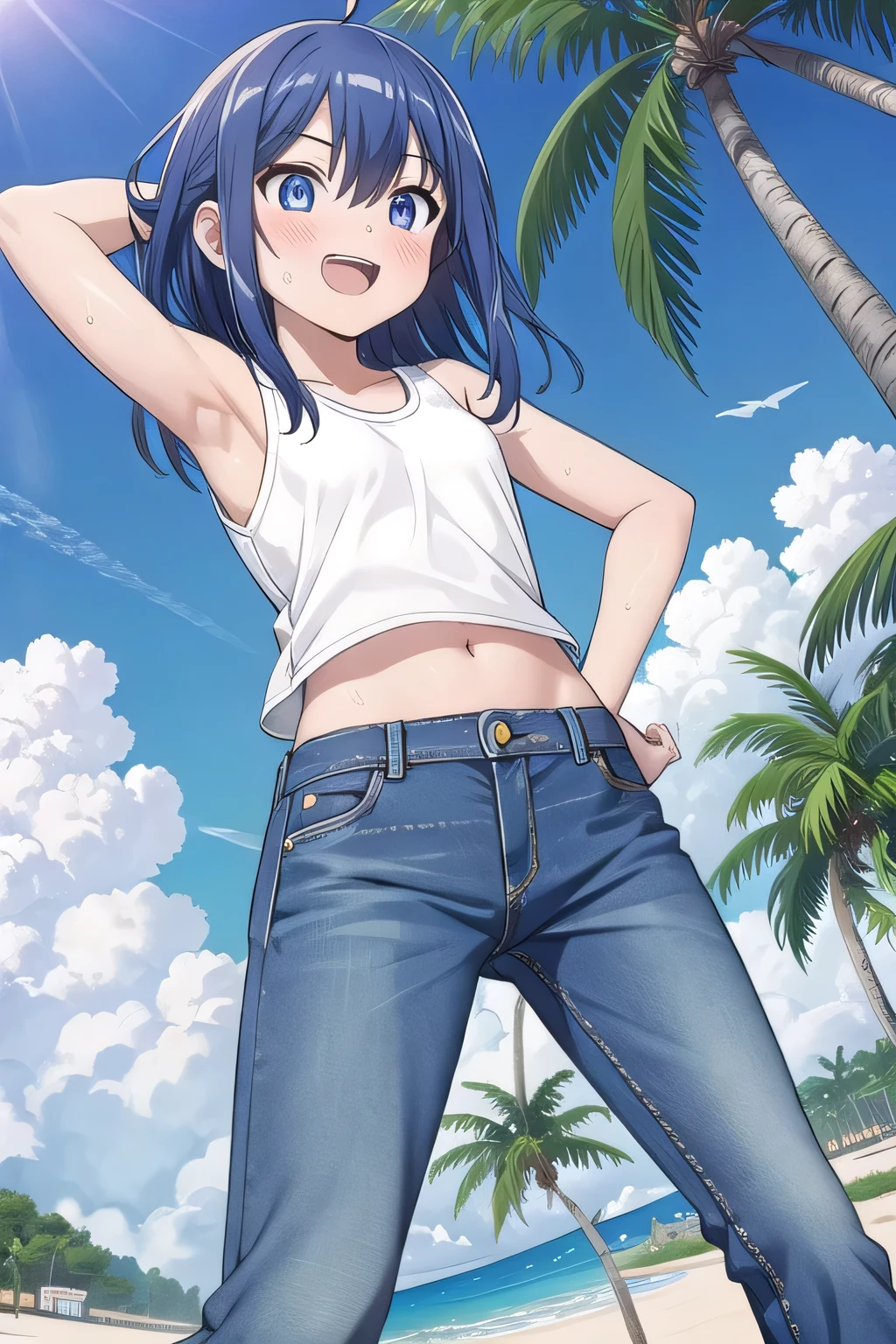 masterpiece,best quality,ultra detail, Perfect Face, Perfect Arms, Perfect hands, Perfect Fingers, 1girl, , peti ((round face, ecstasy, orgasm face, drooping eyes, shame smiling, blush)), dropping eyes, sleepy, background((under the beach, (day:1.2), palm tree, bright sky)), Yanami anna, ahoge,medium hair,blue hair,sidelocks,blunt bangs,blue eyes, hair between eyes,parted bangs, blue eyes, arms behind head, contrapposto, spread armpits, looking at viewer,, (white tank top:1.2), (white crop top:1.2), (jeans pants:1.2, flares jeans:1.2, skinny jeans:1.2, blue jeans:1.2), standing, (legs spread:1.2), sex pose, Sweaty crotch, Steam from the crotch, from below, full medium body
