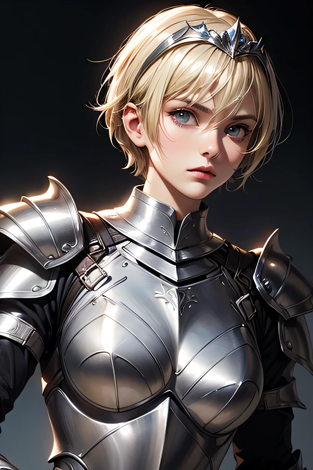 1 girl, star eye, blush, perfect lighting, short blonde hair, Eyes red, engine unreal, side lighting, face detailed, bangss, shining skin, simple background, darkness background, armour, elsword, shield , warrioress, flegs, fully body, tense facial expression, anger