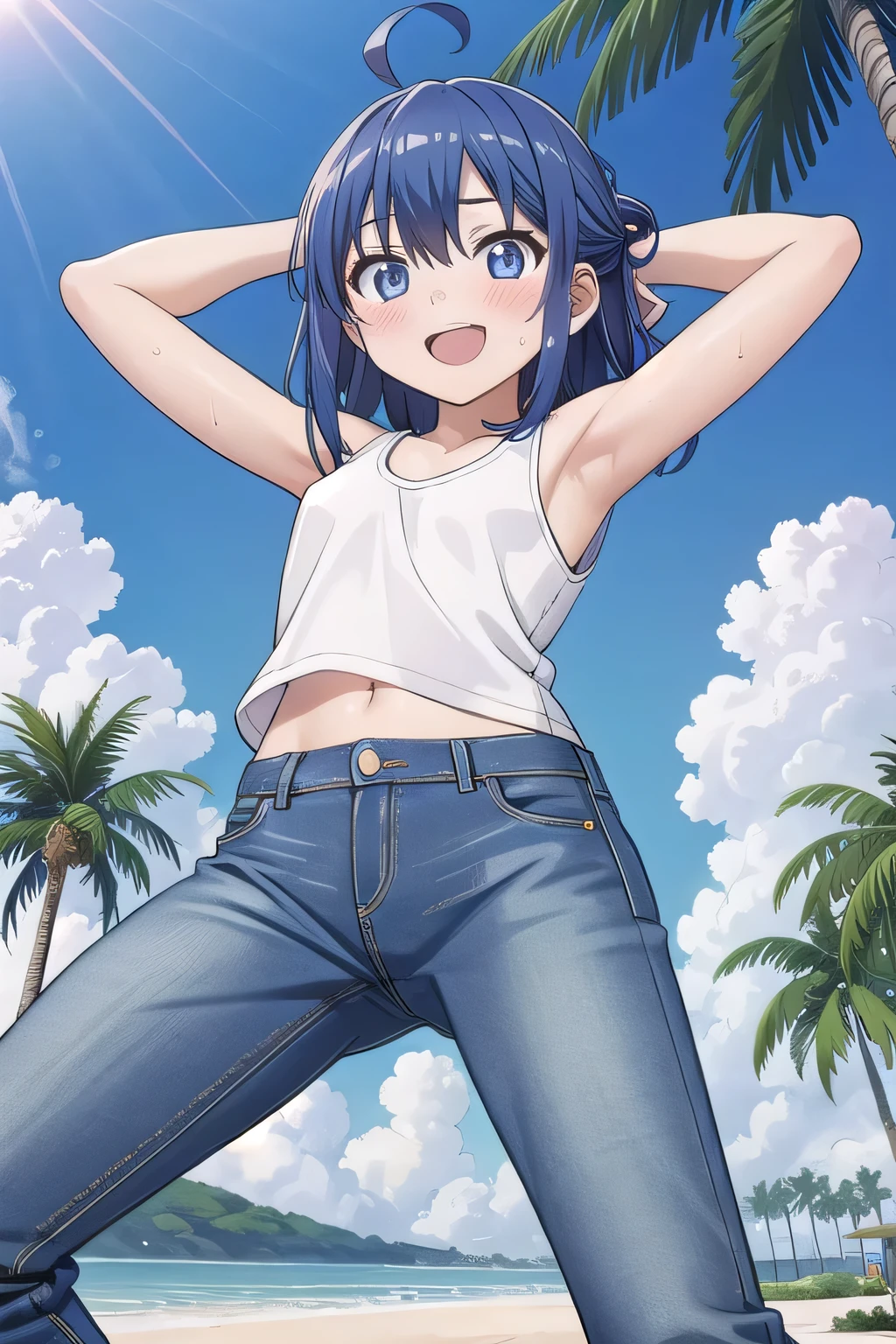 masterpiece,best quality,ultra detail, Perfect Face, Perfect Arms, Perfect hands, Perfect Fingers, 1girl, , peti ((round face, ecstasy, orgasm face, drooping eyes, shame smiling, blush)), dropping eyes, sleepy, background((under the beach, (day:1.2), palm tree, bright sky)), Yanami anna, ahoge,medium hair,blue hair,sidelocks,blunt bangs,blue eyes, hair between eyes,parted bangs, blue eyes, arms behind head, contrapposto, spread armpits, looking at viewer,, (white tank top:1.2), (white crop top:1.2), (jeans pants:1.2, flares jeans:1.2, skinny jeans:1.2, blue jeans:1.2), standing, (legs spread:1.2), sex pose, Sweaty crotch, Steam from the crotch, from below, full medium body