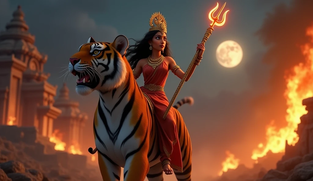 cinematic animated character art, shillouete of a woman dressed as godess durga, wearing a saree, standing alongside a majestic tiger , focused expression, wearing golden crown and holding a glowing trident, ruins set on fire, night, glowing fireflies in atmosphere, darkness in atmosphere, colour graded, vibrant, 4khd