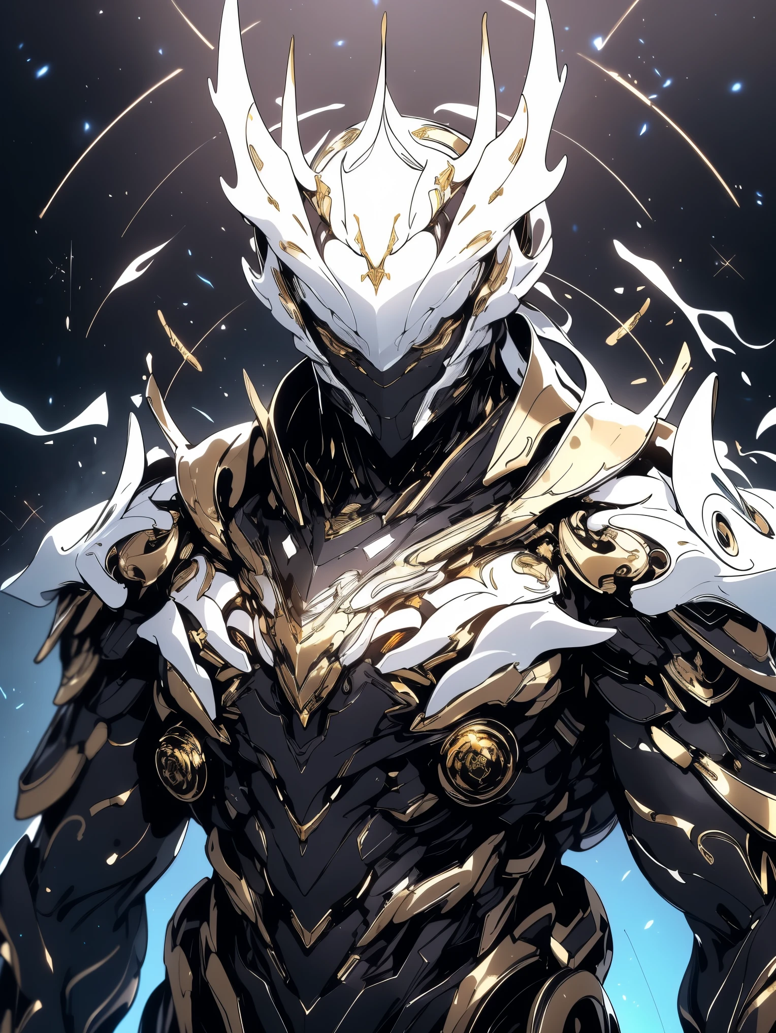 a close up of a deity with a white and black biomechanical body, black and white void space, exquisite mix of magic and science, white biomechanical details, gold tracing around some armor pieces, great character design, white biomechanical details, white mecha, highly detailed exquisite art, intricate white armor, no face, halo of energy over his head,