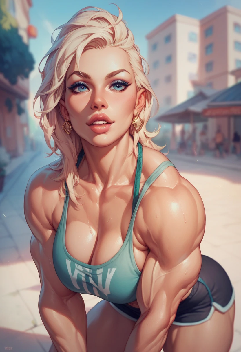 (masterpiece, ultra detailed: 2), (beautiful face: 2), (best quality: 3), 8k, very beautiful nordic female bodybuilder with breasts bigger than head in small bikini,