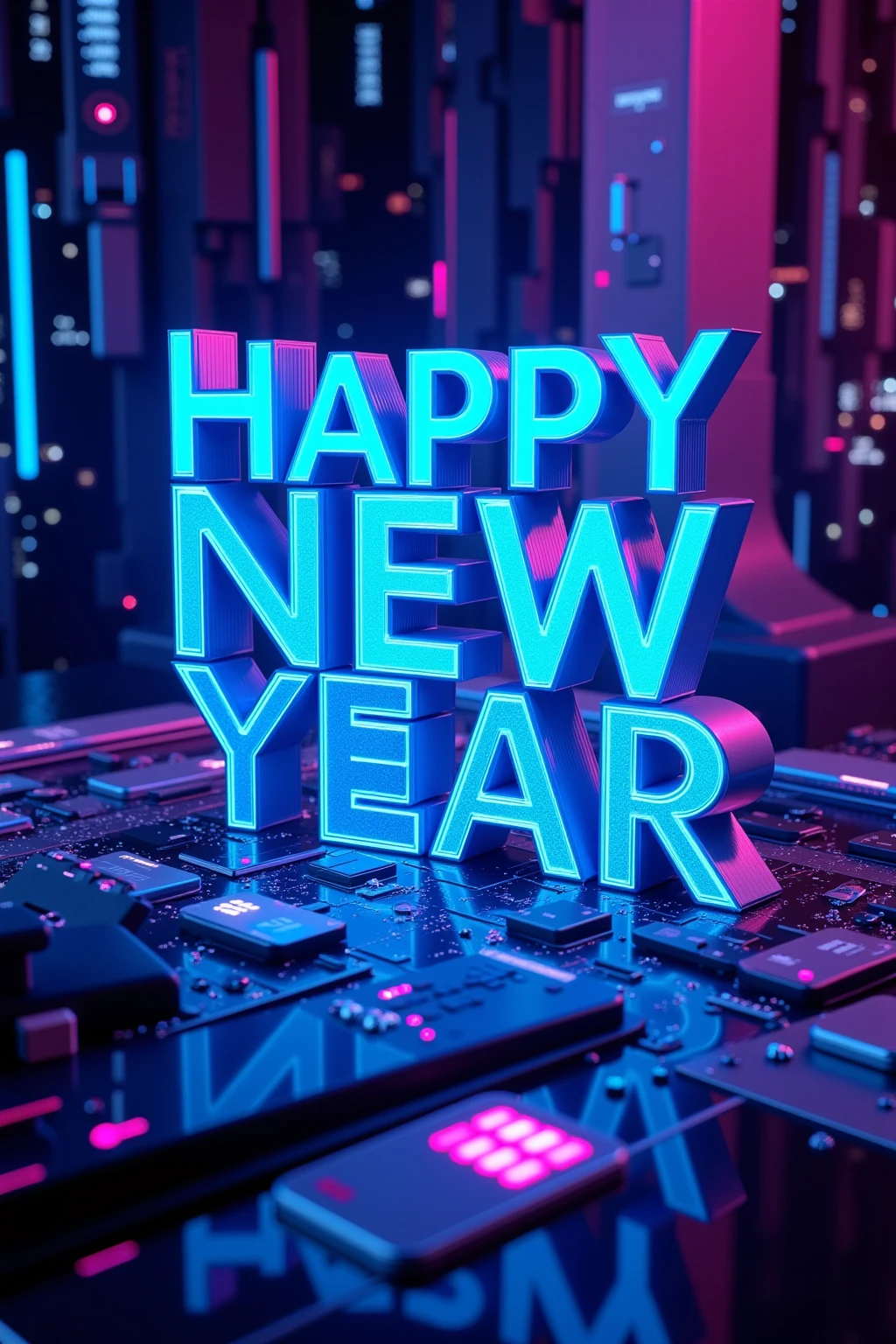 New Year poster, blue 3D holographic text saying 'Happy New Year 2025', cyber world, beautiful, realistic, vibrant colors, futuristic design, intricate details