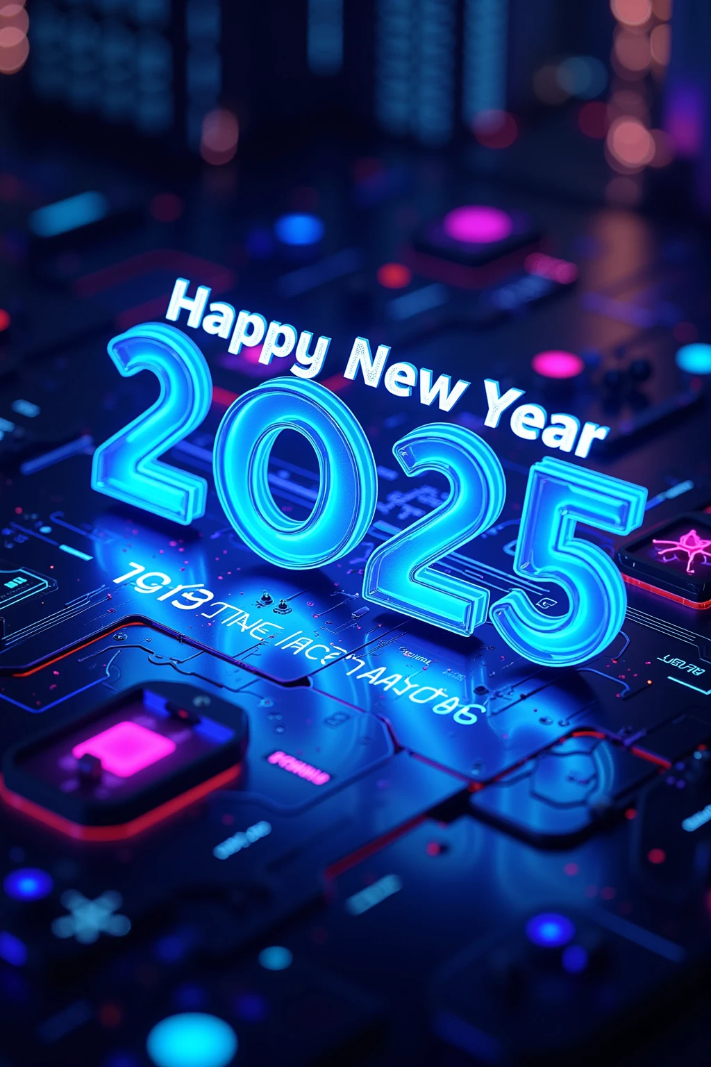 New Year poster, blue 3D holographic text saying 'Happy New Year 2025', cyber world, beautiful, realistic, vibrant colors, futuristic design, intricate details