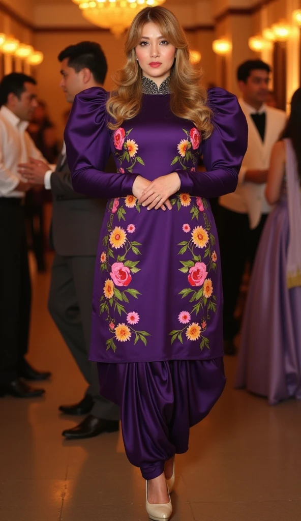 a tall fat v shape woman Korean standing straight and camera-facing at a party. She has wavy gold-brown hair camera-facing with her hands together in front of her. She is adorned in a Punjabi-style slim-fit outfit featuring a dark purple soft satin fabric multicolor floral design and a round neck kurti with soft satin dhoti style shalwar. The kurti showcases exaggerated puffy shoulders and 3/4 sleeves. She is wearing high heels, which accentuate her poised stance. The background is blurred and contains other party-goers.