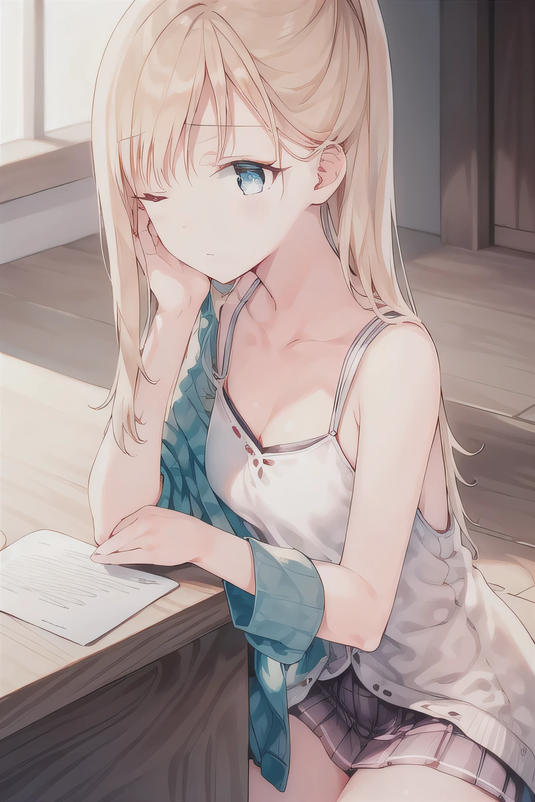 There was only one girl ,blond, long hair,( Purple Eyes :1.5), (Medium Chest:1.2),
rest,mini skirt , white dress , white shirt , Seto Fuku,Low-cut,Cardigan, with eyes closed ,black,cleavage rest , While looking at the audience ,nipple,Chest, Undress , brightly colored underwear , nipple bulge ,
rest indoors, class ( masterpiece:1.2), is the best quality , High Resolution , Unity 8K Wallpaper , (illustration:0.8), ( beautiful and detailed eyes :1.6), The details on the face are exquisite, Perfect lighting , Extremely Detailed CG , (perfect hands, perfect anatomy ),