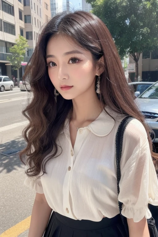 1 elderly woman、eyeshadow mascara blush long hair , loose perm 、solo、 loose white blouse black skirt