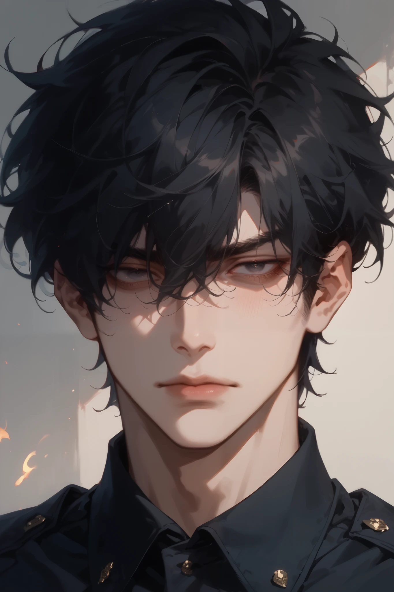 (score_9, score_8_ up), score_7_ dark atmosphere, Adult male, black hair, fluent language , one boy , dark eyes, No Emotion , male concentrated, concentrated, Chest, flameout , reality , Bust , sexy boy , bangs over eyes , shirt、Downcast eyes、suit、Thin eyebrows