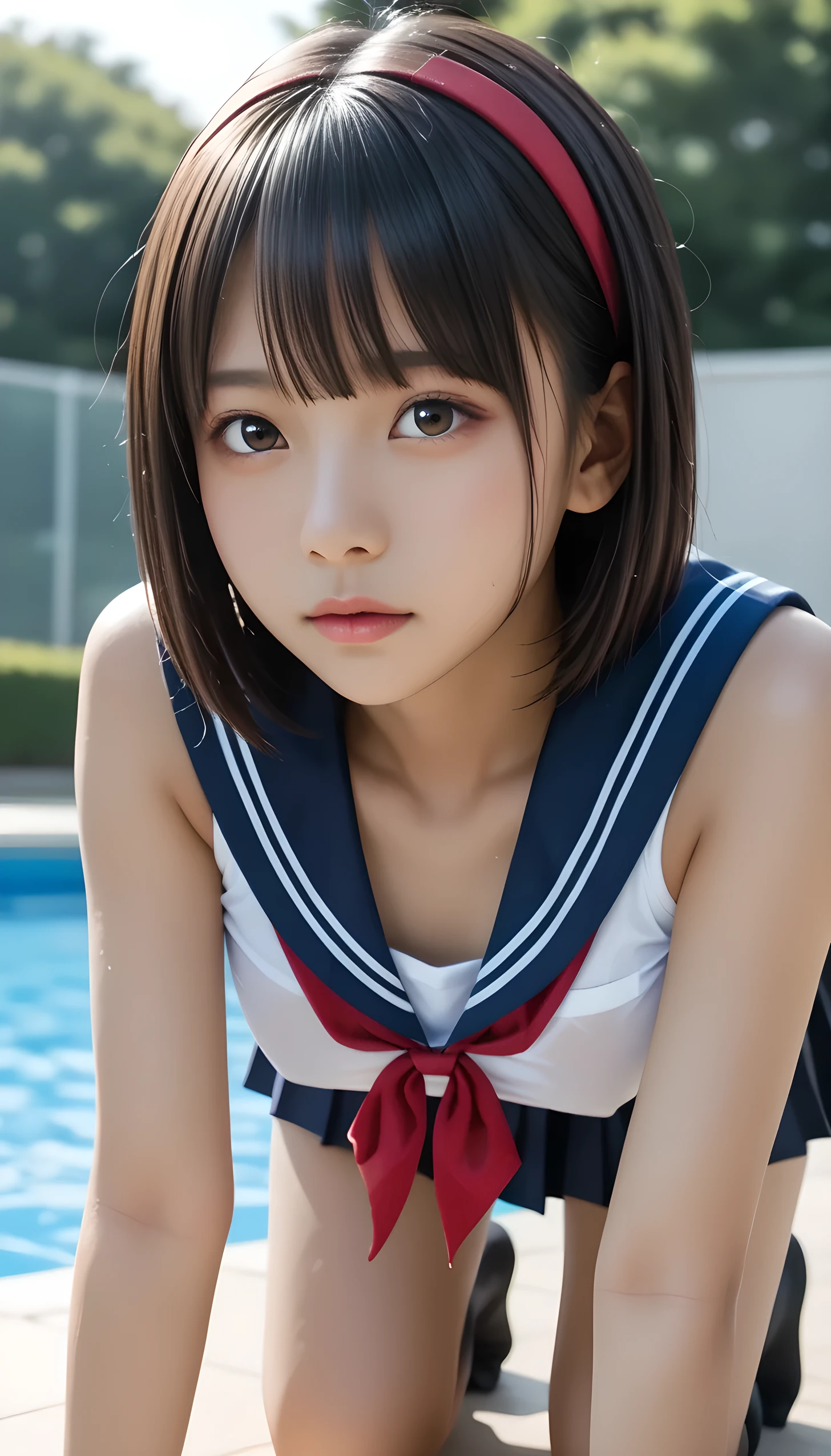  wet Japanese female ********************* 、masterpiece 、  top quality 、  ultra high definition、 realistic、 beautiful lighting arranged in an orderly manner、  RAW photos 、4K Ultra HD、  super detailed face、Clear Face、 shy expression 、Detailed eye、 beautiful eyes、1080P、 tan dark skin 、 beautifully manicured hair 、 black hair、 short bob cut , bangs、Strong sexual desire、 skinny young gravure idol 、 ((prone bone、Lay a mat))、(((Tight Small Breasts 、Separated Breasts 、 tight breasts)))、((( back shot 、 face close-up)))、Detailed eye detail，目 with beautiful details，  double eyelid ，  has long eyelashes、 Red Headband 、 white gloves 、compression shorts under skirts、((( small chest with tension、Separated Breasts 、 tight breasts)))、(( blue sky、Outdoor Pool、 blur background)),(((Wet Japanese Female ********************* 、 Red ribbon、 navy sailor color 、sailor cuffs、 pleated skirt 、 black high socks)))、( perfect anatomy)、   thin beautiful thighs 、 oily skin、Five fingers、Two arms、2 Legs 