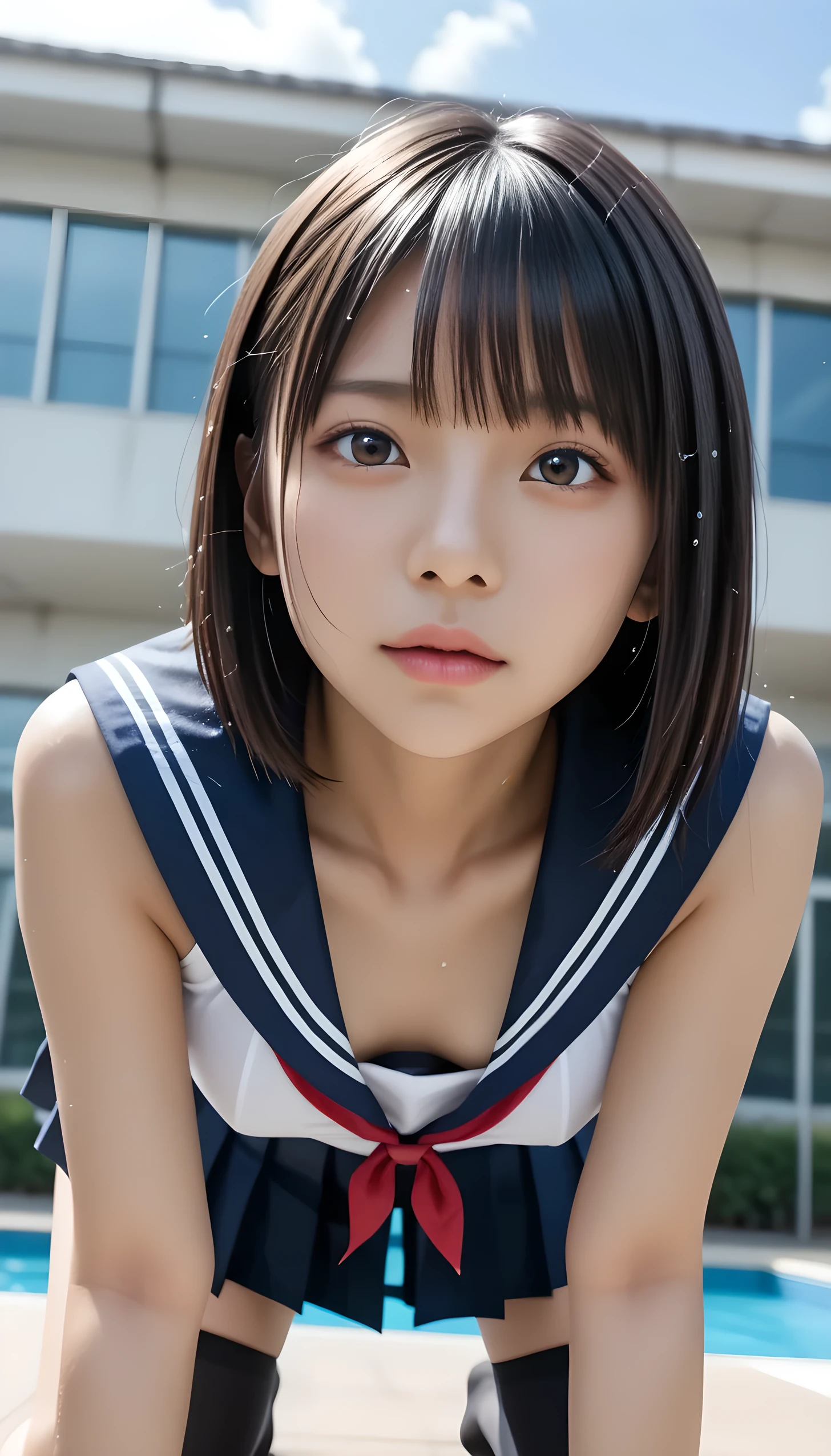  wet、masterpiece 、  top quality  、 Super high resolution、 realistic、 beautiful lighting arranged in an orderly manner、  RAW photos 、4K Ultra HD、  super detailed face、Clear Face、Detailed eye、 beautiful eyes、( Half Open Eyes )、1080P、 tan dark skin 、 black hair,   wet hair、 short bob cut , bangs、 Ponytail、 horny 、 young gravure idol who lost weight、、 white headband 、 white gloves、(((( taut chest、Separated Breasts 、 tight breasts)))、((( viewersに近づけるようにお口を持っていきます)))、((( wet hair ))),((( blue sky)))、(((wet Japanese ********************** 、  navy sailor color 、 see-through shirt、 wet pleated skirt 、 black knee socks、Wear black shorts)))、 Japanese ***************** Girls Wearing School Uniforms、((Inside a small pool 、 viewersを見つめながら顔を近づけキスをする)) break ( messy bun  ) break ((( EXTREME FACE UP SHOT ,  viewers, the above ))), ((  viewersに腕を伸ばす、Kneel))、( perfect anatomy)、 break ((Upper eyelid))、((( midi skirt)))、 thin beautiful thighs 、 beautifully manicured hair 、 oily skin 、Five fingers