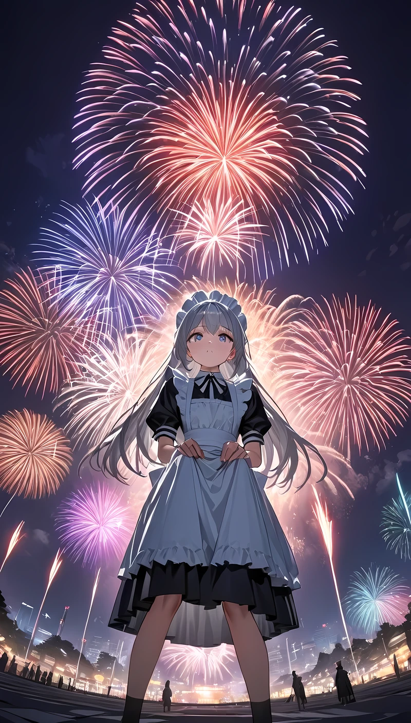 (((Best quality, 8k, Masterpiece: 1.3)), ((best quality)), ((masterpiece)), (detailed), perfect face, Background (night sky, fireworks), Composition looking up from below, Long hair that reaches down to the knees, maid, maid apron, maid headdress