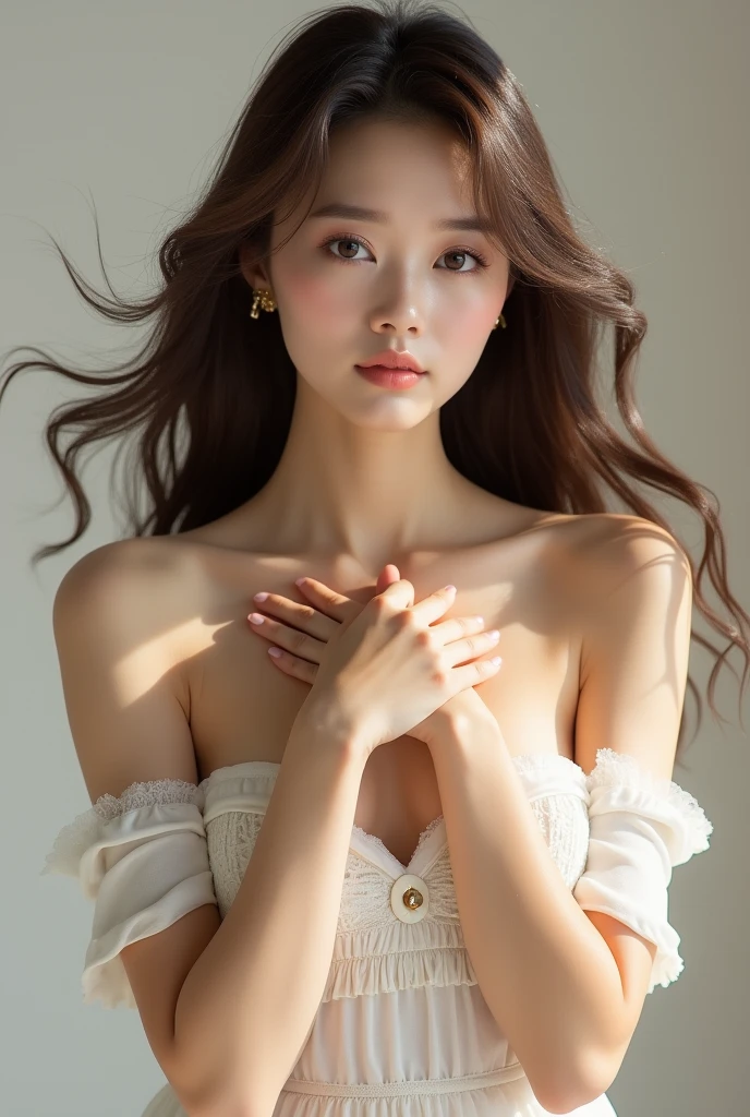 best quality, masterpiece, High resolution, 1 girl, porcelain dress,fishnet stockings, hair accessories, necklace, jewelry, pretty face, physically, Tyndall effect, lifelike, dark studio, edge lighting, Dual color lighting, (highly refined skin: 1.2), 8K uhd, SLR camera, soft light, high quality, Volumetric lighting, frank, photography, High resolution, 4K, 8K, Bokeh,