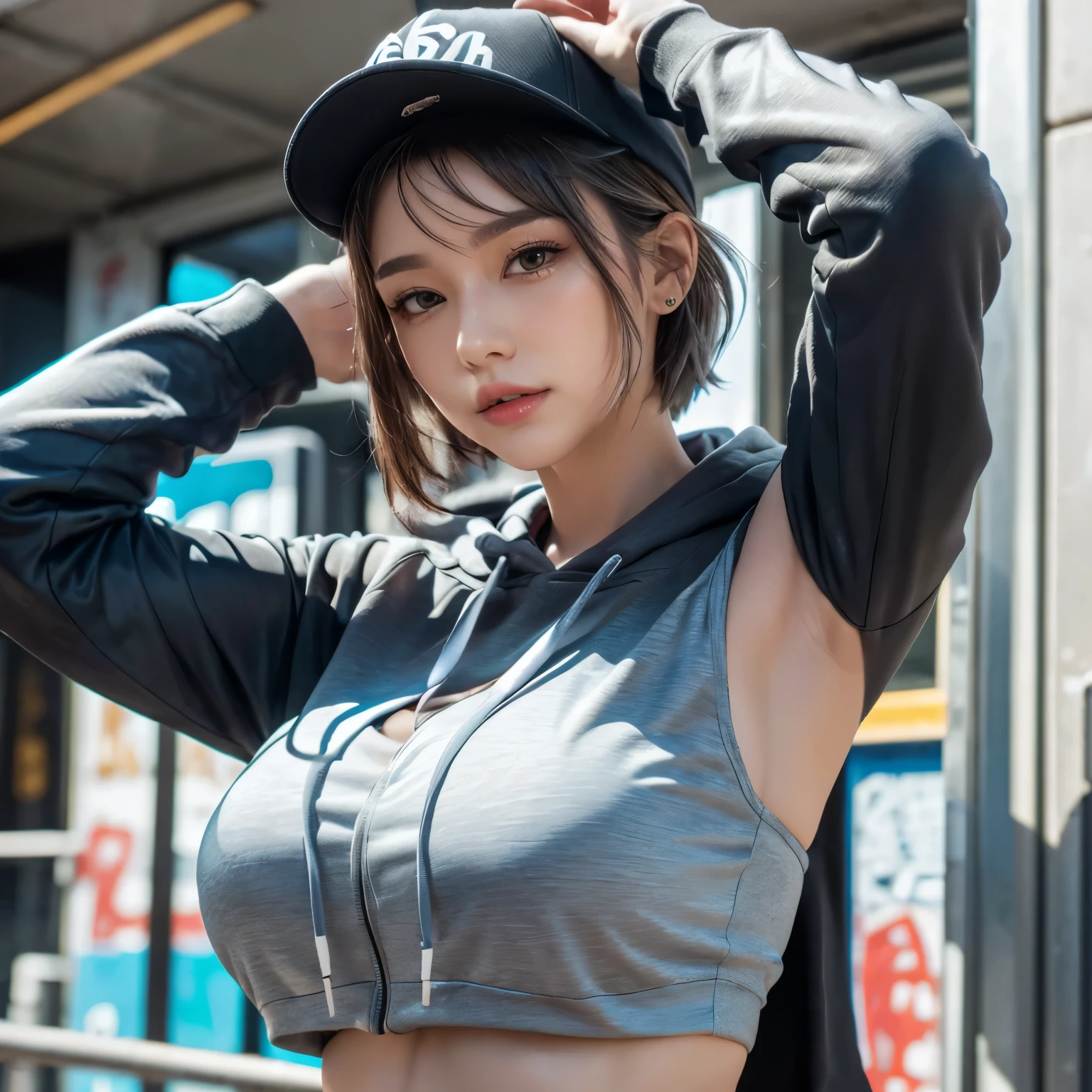 A beautiful woman in gal makeup wearing a uniform in the bustling city of Gintama, Surrounded by sellers, Beautiful portrait of a stunning goddess girl, Beautifully detailed face, Porcelain-like skin, Half Body Shot, Centered,(He is black,belly button:1.2),((moonlight,night,Big neon,Strong neon lighting,Rim Light,Two-tone lighting))),