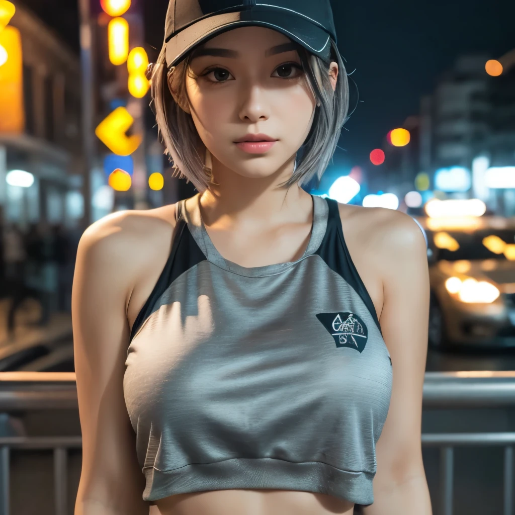 8k, high resolution, masterpiece, ultra-detailed, (cute sporty girl, young, barely legal, tanned skin, ((sheer oversized loose crop shirt, plain, short, wide neckline, deep neckline, random color, ?????? underneath)), ((medium perky ???????)), small ????, detailed face, detailed lips, small closed mouth, long slick ponytail hair, tattoos, thin leather collar), (((cozy cabana, outdoor))), (tropical ressort after a swim, wet), at night, full body shot, view from distance, random pose