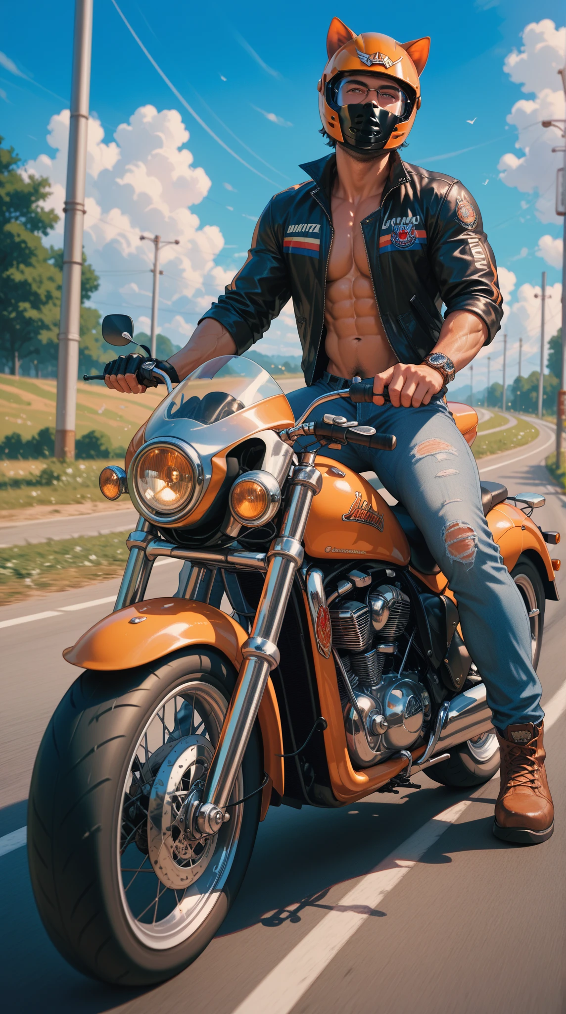 ((best quality)), ((masterpiece)), (detailed), one man, hairy, gray cardigan, blue jeans pulled down big dick, big balls, lots of cum everywhere, sitting on motorcycle, (perfect dick)