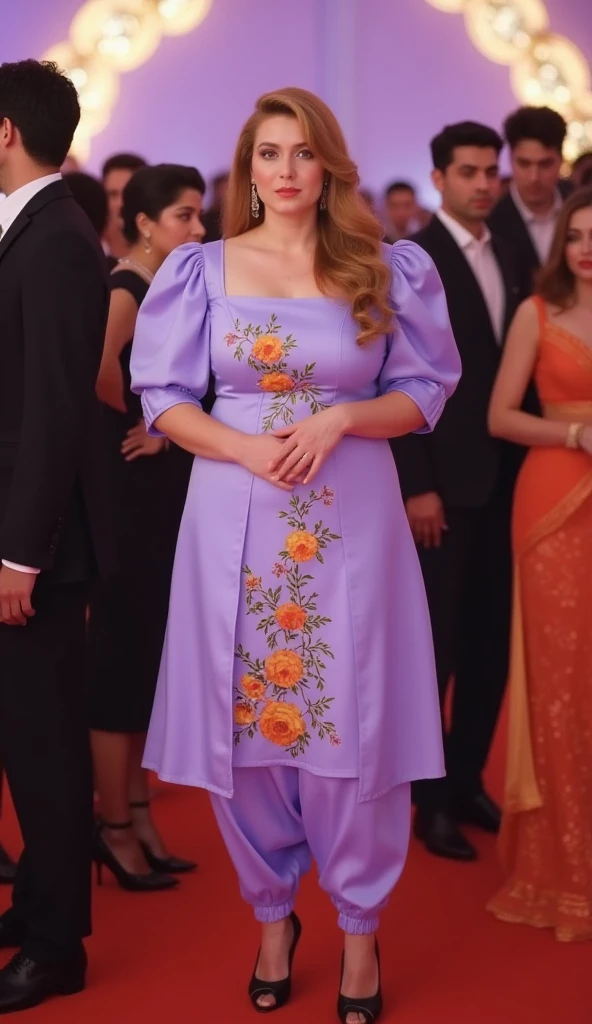 a tall fat v shape woman Korean standing straight and camera-facing at a party. She has wavy gold-brown hair camera-facing with her hands together in front of her. She is adorned in a Punjabi-style slim-fit outfit featuring a light purple soft satin fabric multicolor floral design and a round neck kurti with soft satin dhoti style shalwar. The kurti showcases exaggerated puffy shoulders and 3/4 sleeves. She is wearing high heels, which accentuate her poised stance. The background is blurred and contains other party-goers.
