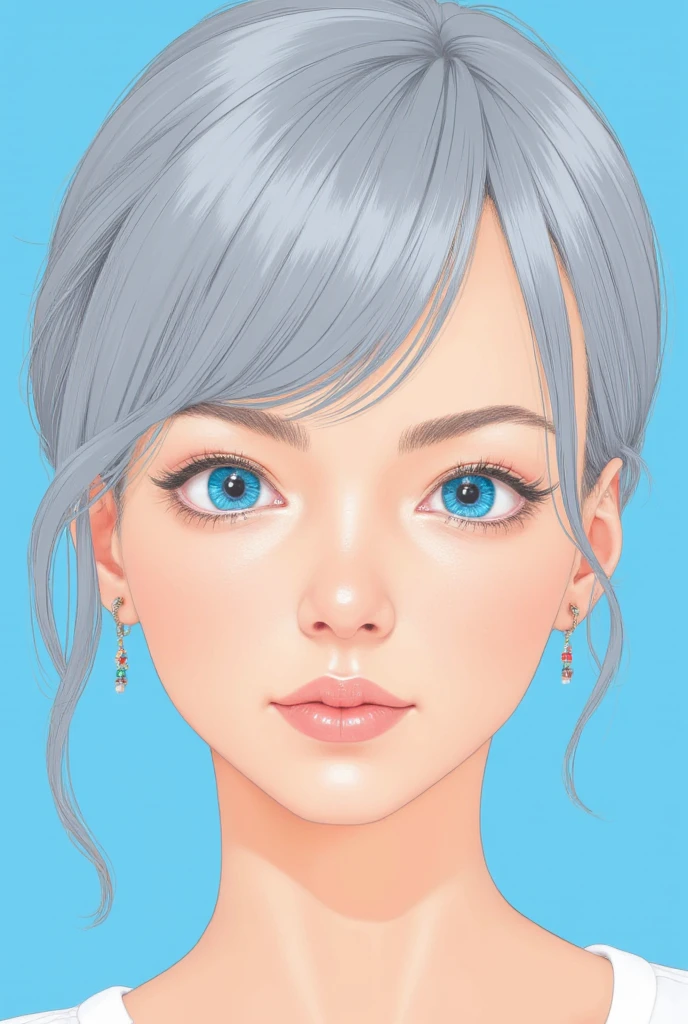   minimalist ， elegant girl  ， gray hair， blue background，  wear special earrings， bohemian style，Defined eyelashes ， bright blue eyes ， beautiful,  Transparent eyes  ， close，Portrait camera ，  flat illustration of a smiling face  ，geometry，clean，Japanese Manga 