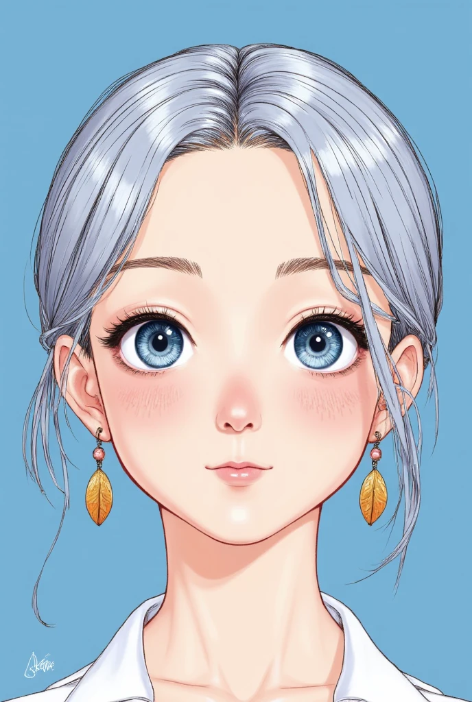   minimalist ， elegant girl  ， gray hair， blue background，  wear special earrings， bohemian style，Defined eyelashes ， bright blue eyes ， beautiful,  Transparent eyes  ， close，Portrait camera ，  flat illustration of a smiling face  ，geometry，clean，Japanese Manga 