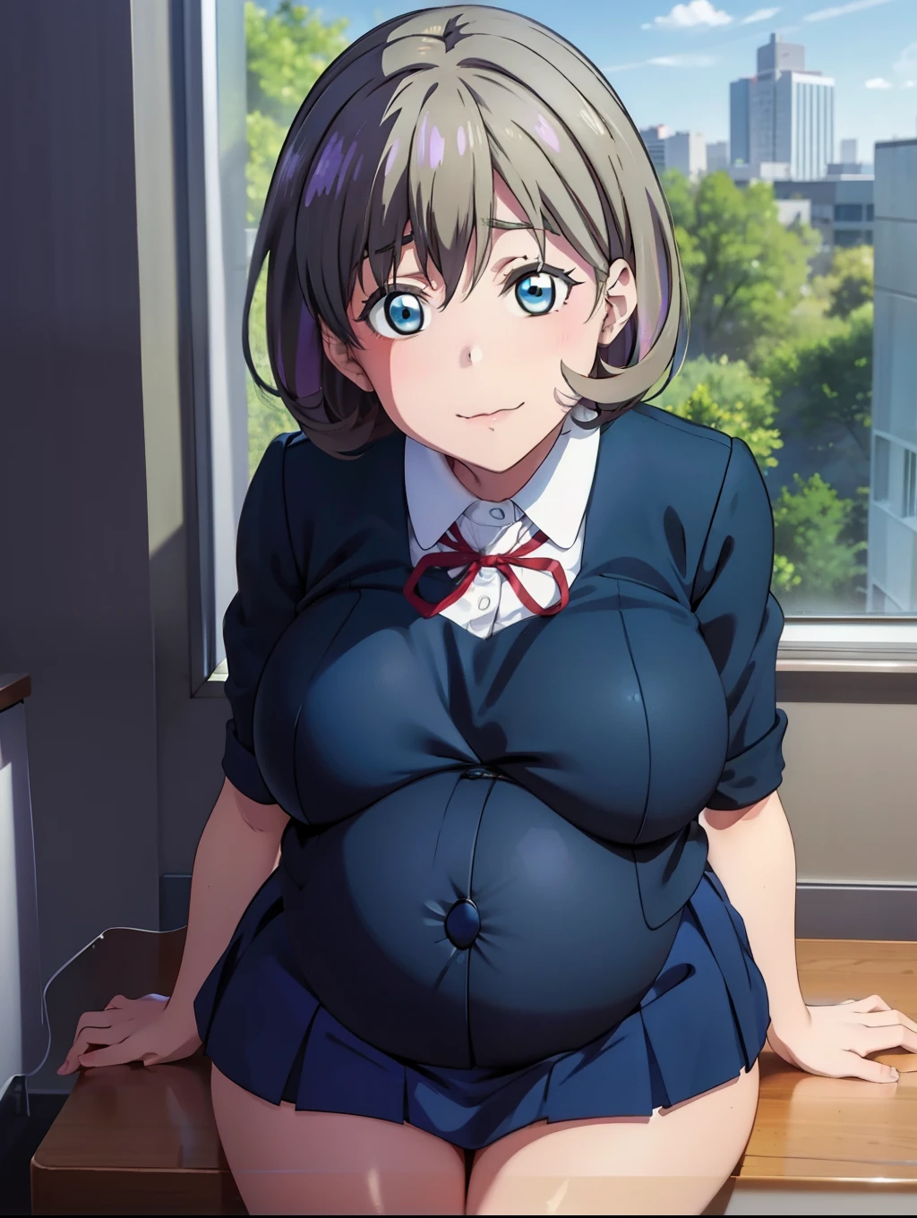 Short gray hair, blue eyes, shy face, huge breasts, school uniform (Love Live), Hyper pregnancy belly, hyper pregnant, background classroom, sitting on class,view to class's window