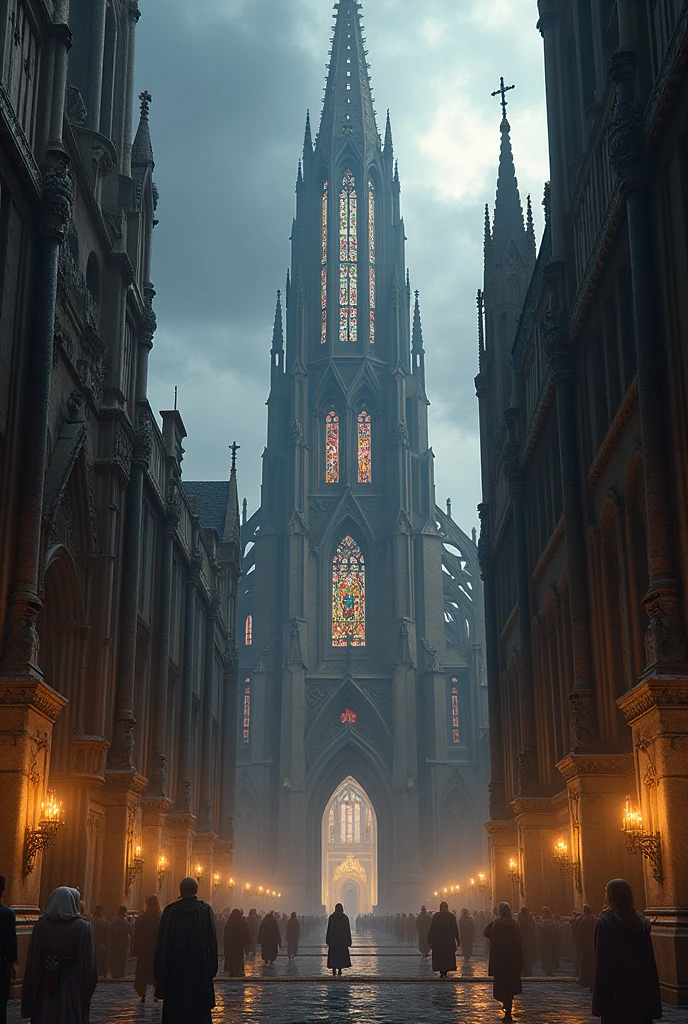 The image unfolds with a detailed description of the environment and architectural elements of the church:
The cobblestone streets, covered by a thin layer of fog, reflect the dim lighting of the lanterns that hang from the poles, casting a yellowish and melancholy light. The city seems to have been transported to a distant time, shrouded in secrets and hidden stories.
The church stands out on the gloomy horizon, with its imposing façade erected with centuries-old stones that seem to have been touched by time. The Gothic sculptures that adorn it give a sense of decadence and mystery, with their sinuous shapes and intricate details.
The colorful stained glass windows, with their vibrant and vivid tones, contrast with the surrounding darkness, casting a diffuse glow on the interior of the church. The complex patterns and sacred images depicted in the stained glass windows seem to come to life in the dim light, creating a suggestive and enigmatic play of light and shadows.